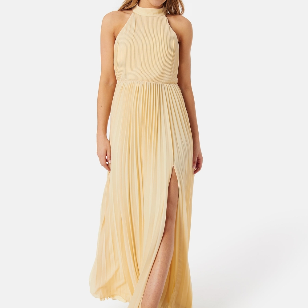 Luxury Sleeveless Pleated Halter Maxi Dress in Light Yellow
